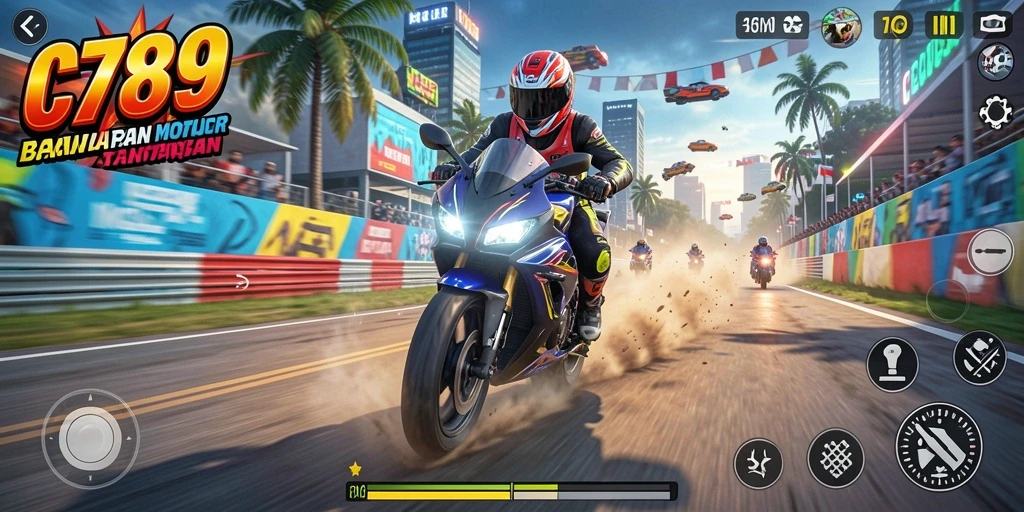 Tangkapan layar gameplay C789 saat balapan motor yang seru.