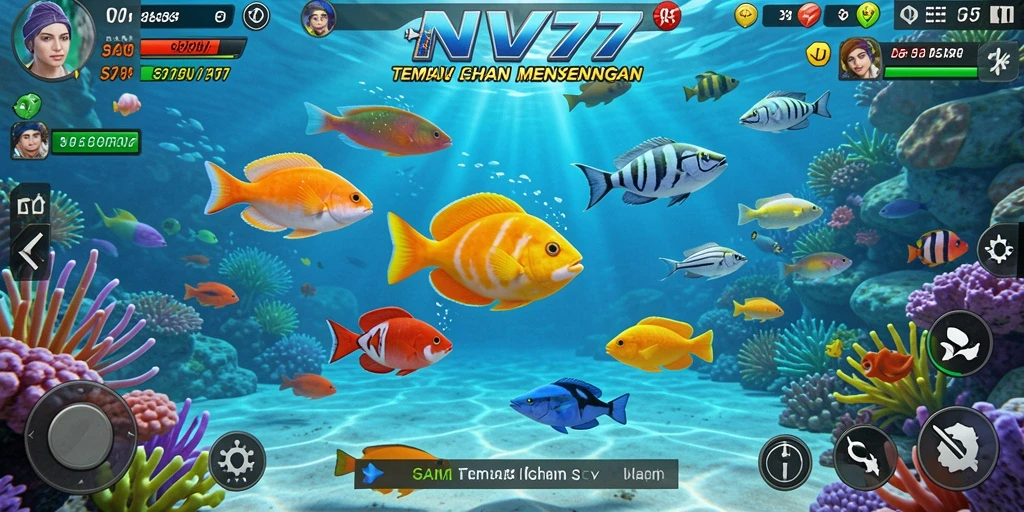 Gameplay NV77 yang seru dan penuh warna saat berburu ikan.